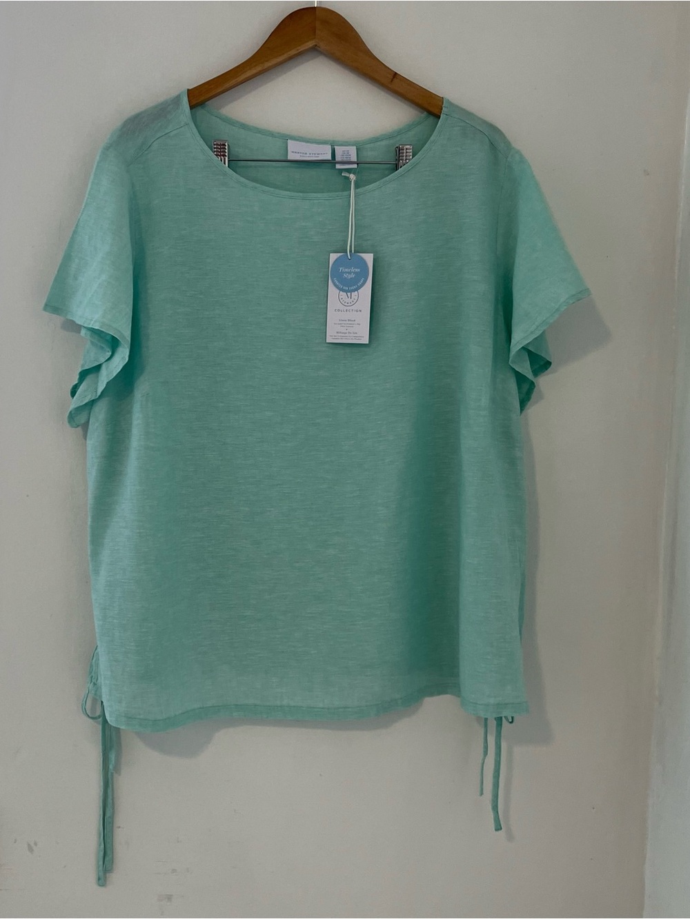 Martha Stewart Summer Mint Green Linen Blend Short Sleeve Tie-Hem Top - NWT